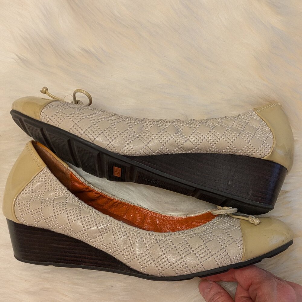 Cole Haan Air Tali Bow Tan Leather & Patent Cap-Toe Wedge